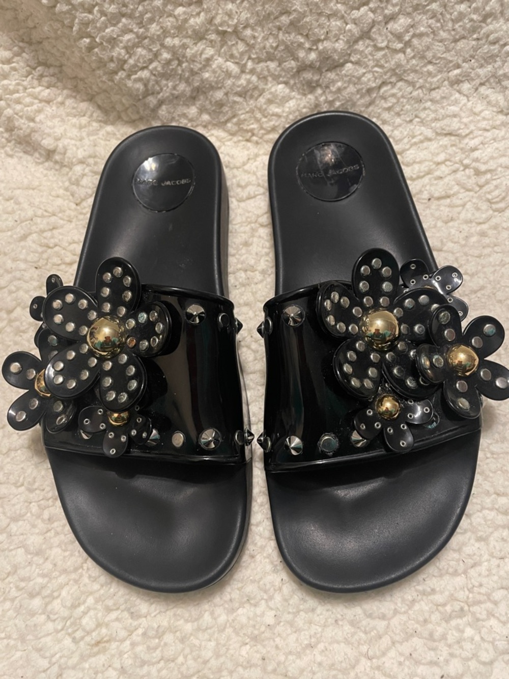 Marc Jacobs Black Floral Studded Slide Sandals